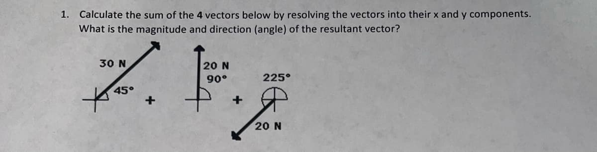 1. Calculate the sum of the 4 vectors below by resolving the vectors into their x and y components.
What is the magnitude and direction (angle) of the resultant vector?
20 N
Z.F.Z
90°
+
30 N
45°
225°
20 N