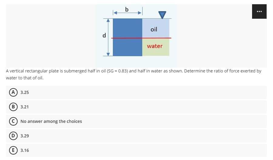 b
...
oil
d
water
A vertical rectangular plate is submerged half in oil (SG = 0.83) and half in water as shown. Determine the ratio of force exerted by
water to that of oil.
A 3.25
B) 3.21
C) No answer among the choices
D) 3.29
E) 3.16

