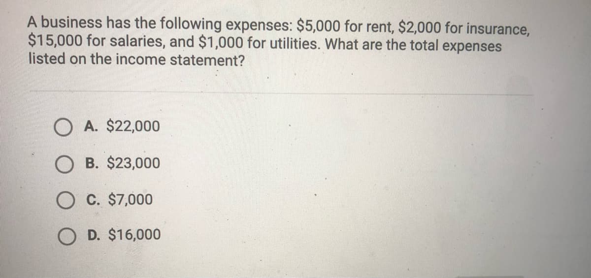 A business has the following expenses: $5,000 for rent, $2,000 for insurance,
$15,000 for salaries, and $1,000 for utilities. What are the total expenses
listed on the income statement?
O A. $22,000
O B. $23,000
O C. $7,000
O D. $16,000
