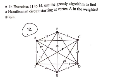 ☐ In Exercises 11 to 14, use the greedy algorithm to find
a Hamiltonian circuit starting at vertex A in the weighted
graph.
12.
B
18
с
A
14
16
·26
28
E
21
20
25
D