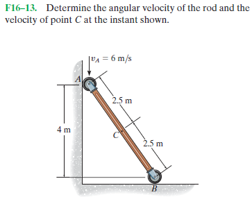 F16-13. Determine the angular velocity of the rod and the
velocity of point C at the instant shown.
|³A = 6 m/s
2.5 m
4 m
2.5 m
B