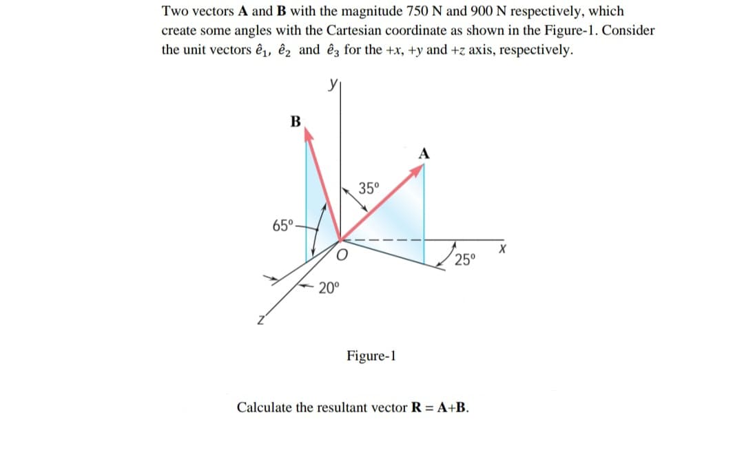 Two vectors A and B with the magnitude 750 N and 900 N respectively, which
create some angles with the Cartesian coordinate as shown in the Figure-1. Consider
the unit vectors ê1, ê2 and êz for the +x, +y and +z axis, respectively.
y
В
A
35°
65°.
25°
20°
Figure-1
Calculate the resultant vector R = A+B.
