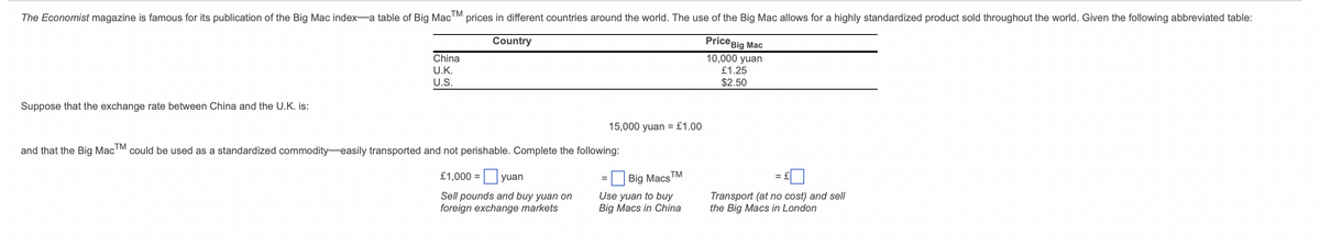 The Economist magazine is famous for its publication of the Big Mac index-a table of Big Mac'M
prices in different countries around the world. The use of the Big Mac allows for a highly standardized product sold throughout the world. Given the following abbreviated table:
Country
Price Big Mac
China
U.K.
10,000 yuan
£1.25
$2.50
U.S.
Suppose that the exchange rate between China and the U.K. is:
15,000 yuan = £1.00
and that the Big Mac'M could be used as a standardized commodity-easily transported and not perishable. Complete the following:
£1,000 =
|yuan
Big Macs
TM
Sell pounds and buy yuan on
foreign exchange markets
Use yuan to buy
Big Macs in China
Transport (at no cost) and sell
the Big Macs in London
