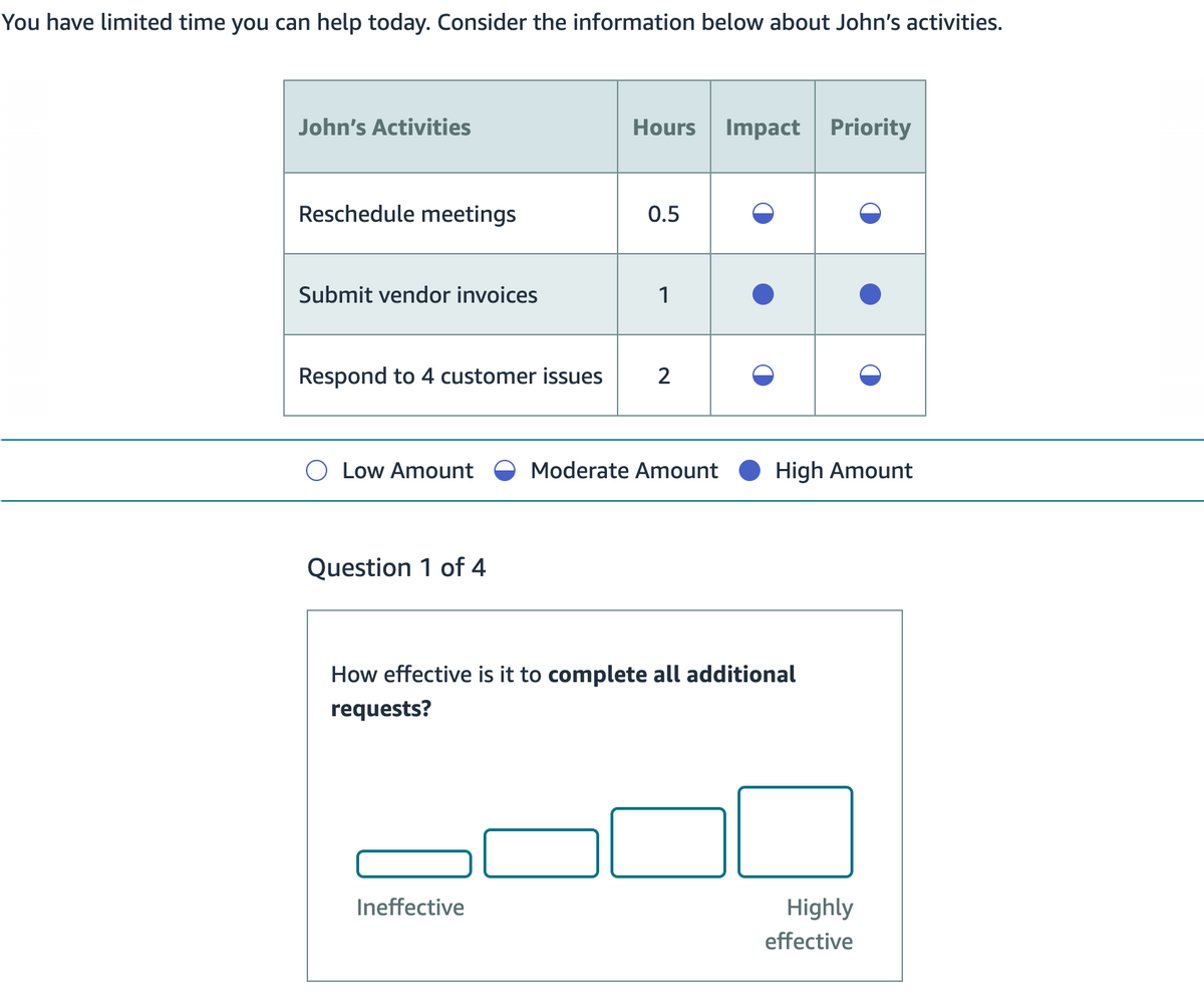 You have limited time you can help today. Consider the information below about John's activities.
John's Activities
Reschedule meetings
Submit vendor invoices
Respond to 4 customer issues
O Low Amount
Question 1 of 4
Hours Impact Priority
Ineffective
0.5
1
2
Moderate Amount
High Amount
How effective is it to complete all additional
requests?
Highly
effective