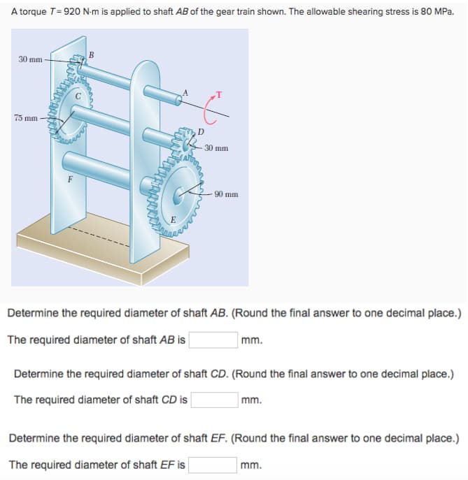 A torque T = 920 N-m is applied to shaft AB of the gear train shown. The allowable shearing stress is 80 MPa.
30 mm
75 mm
T
30 mm
90 mm
Determine the required diameter of shaft AB. (Round the final answer to one decimal place.)
The required diameter of shaft AB is
mm.
Determine the required diameter of shaft CD. (Round the final answer to one decimal place.)
The required diameter of shaft CD is
mm.
Determine the required diameter of shaft EF. (Round the final answer to one decimal place.)
The required diameter of shaft EF is
mm.