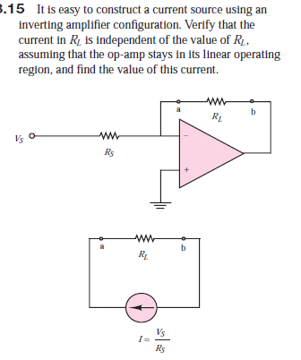 3.15 It is easy to construct a current source using an
inverting amplifier configuration. Verify that the
current in R, is independent of the value of R,
assuming that the op-amp stays in its linear operating
region, and find the value of this current.
RL
Rs
ww-
R.
Vs
Rs
