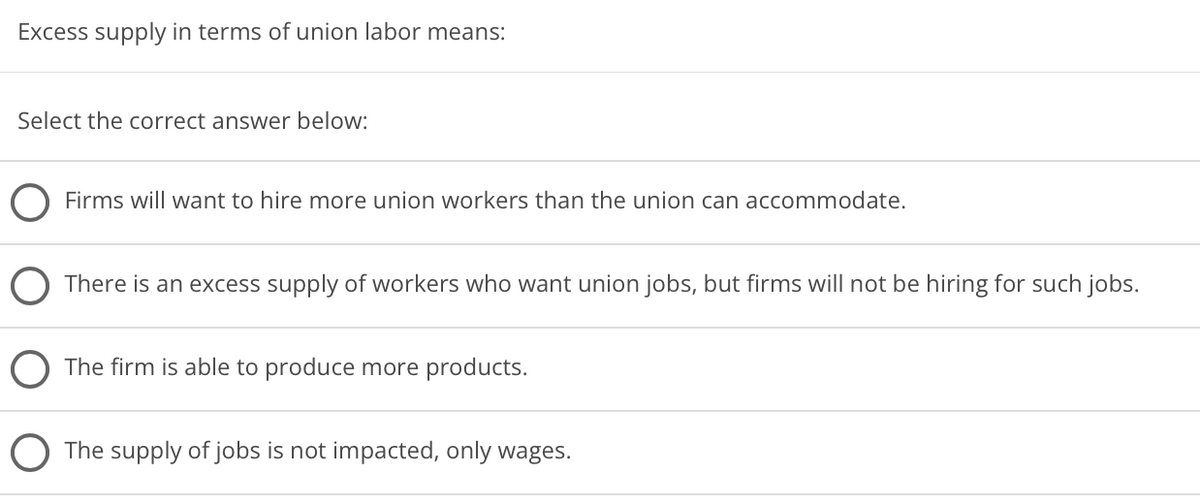 Excess supply in terms of union labor means:
Select the correct answer below:
Firms will want to hire more union workers than the union can accommodate.
There is an excess supply of workers who want union jobs, but firms will not be hiring for such jobs.
The firm is able to produce more products.
The supply of jobs is not impacted, only wages.
