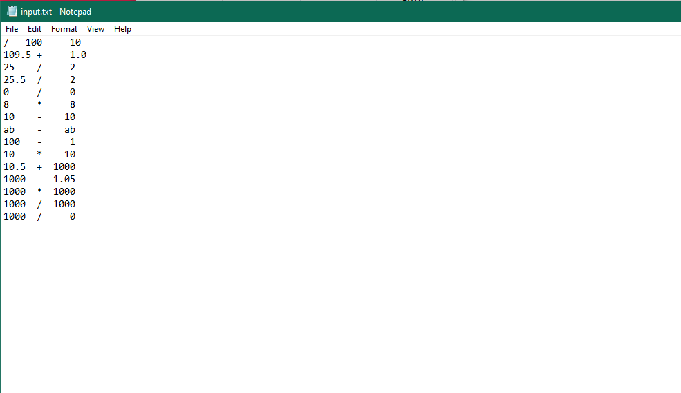 I input.txt - Notepad
File Edit Format View
Help
100
10
109.5 +
25
25.5 /
1.0
2
10
10
ab
ab
100
10
-10
10.5
1000
1000
1.05
1000
1000
1000
1000
1000
