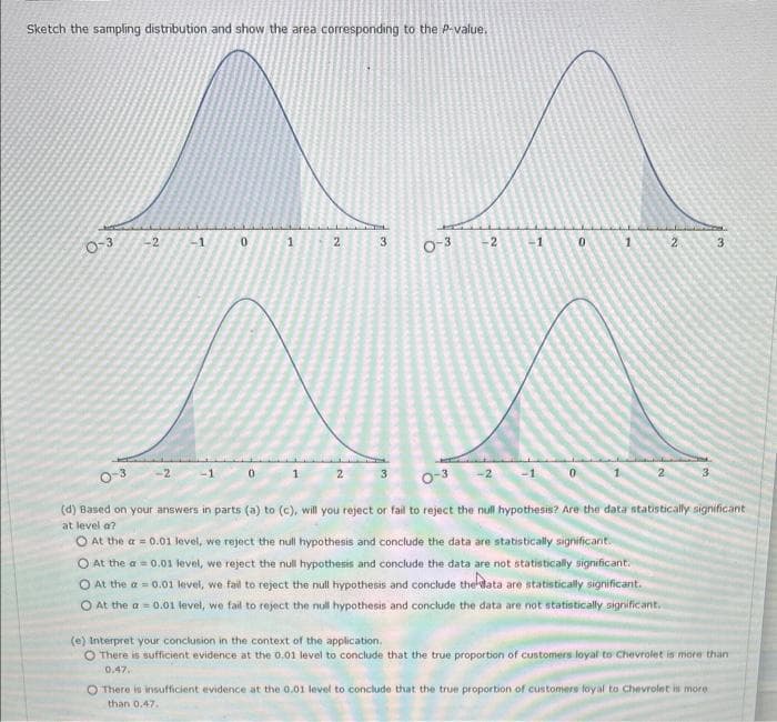 Sketch the sampling distribution and show the area corresponding to the P-value,
0-3
-2
-2
-1
0
0
1
1
2
2
3
0-3
-2
-1
0
0
1
2
2
O At the a = 0.01 level, we reject the null hypothesis and conclude the data are not statistically significant.
O At the a = 0.01 level, we fail to reject the null hypothesis and conclude the data are statistically significant.
O At the a = 0.01 level, we fail to reject the null hypothesis and conclude the data are not statistically significant.
0-3
(d) Based on your answers in parts (a) to (c), will you reject or fail to reject the null hypothesis? Are the data statistically significant
at level a?
O At the a = 0.01 level, we reject the null hypothesis and conclude the data are statistically significant.
3
(e) Interpret your conclusion in the context of the application.
O There is sufficient evidence at the 0.01 level to conclude that the true proportion of customers loyal to Chevrolet is more than
0.47,
There is insufficient evidence at the 0.01 level to conclude that the true proportion of customers loyal to Chevrolet is more
than 0.47.