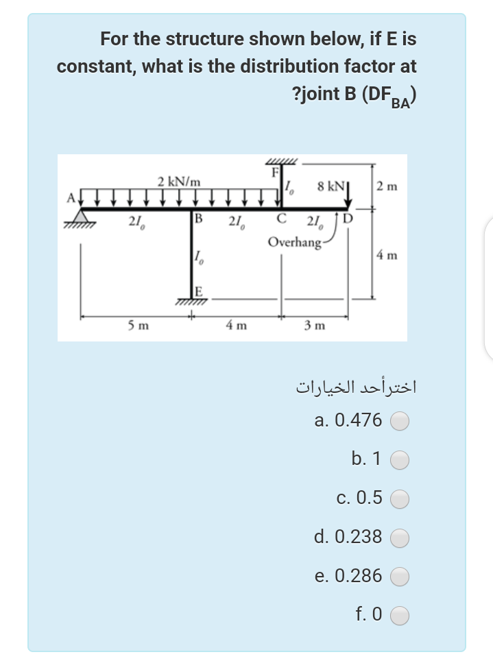 For the structure shown below, if E is
constant, what is the distribution factor at
?joint B (DFBA)
ВА
F
2 kN/m
| 8 kN
2 m
21,
21,
C
21,
Overhang-
4 m
5 m
4 m
3 m
اخترأحد الخیارات
a. 0.476
b. 1
С. 0.5
d. 0.238
е. 0.286
f. 0
