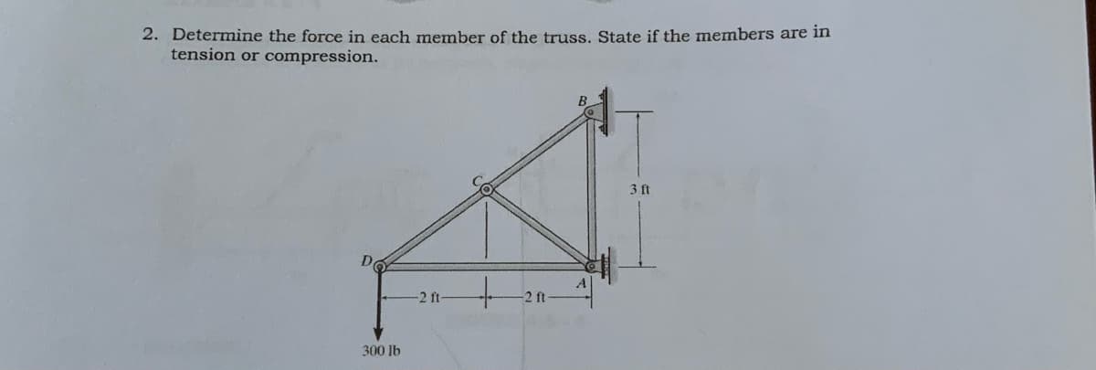 2. Determine the force in each member of the truss. State if the members are in
tension or compression.
3 ft
De
-2 ft-
-2 ft
300 lb
