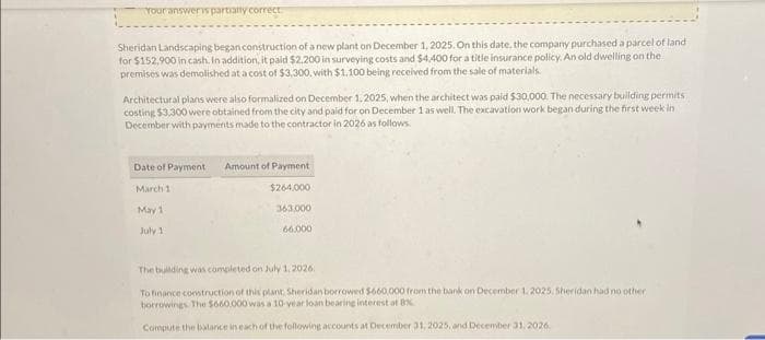 Your answer is partially correct
Sheridan Landscaping began construction of a new plant on December 1, 2025. On this date, the company purchased a parcel of land
for $152,900 in cash. In addition, it paid $2.200 in surveying costs and $4,400 for a title insurance policy. An old dwelling on the
premises was demolished at a cost of $3,300, with $1,100 being received from the sale of materials.
Architectural plans were also formalized on December 1, 2025, when the architect was paid $30,000. The necessary building permits
costing $3,300 were obtained from the city and paid for on December 1 as well. The excavation work began during the first week in
December with payments made to the contractor in 2026 as follows
Date of Payment
March 1
May 1
July 1
Amount of Payment
$264,000
363.000
66.000
The building was completed on July 1, 2026.
To finance construction of this plant, Sheridan borrowed $660,000 from the bank on December 1, 2025. Sheridan had no other
borrowings. The $660,000 was a 10-year loan bearing interest at 8%
Compute the balance in each of the following accounts at December 31, 2025, and December 31, 2026.