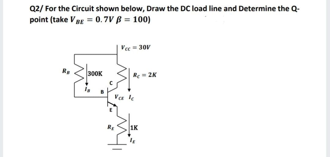 Q2/ For the Circuit shown below, Draw the DC load line and Determine the Q-
point (take V BE = 0.7V B = 100)
%3D
Vcc = 30V
RB
300K
Rc = 2K
IB
B
V CE IC
E
RE
1K
IE

