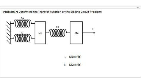 Problem 7: Determine the Transfer Function of the Electric Circuit Problem:
K1
(0000000
K2
Ceeeeeee
MI
K3
(0000000
M2
i. M1(s)F(s)
ii. M2(s)F(s)
(