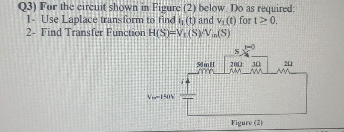 Q3) For the circuit shown in Figure (2) below. Do as required:
1- Use Laplace transform to find i (t) and v (t) for t>0.
2- Find Transfer Function H(S)=VL(S)/Vin(S).
50MH
200
30
20
Vi 150V
Figure (2)
