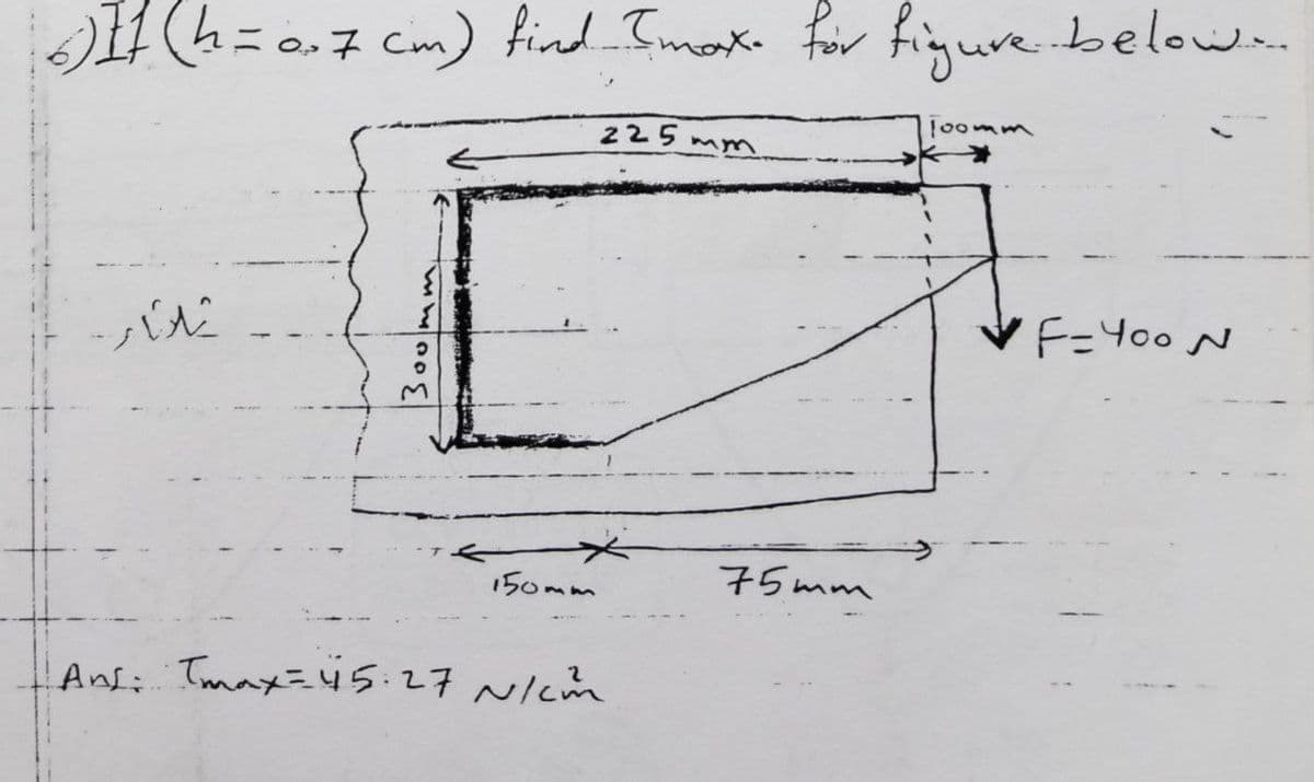 H h= 0.7 Cim) find Imox. for figure below
225m
10omm
ーバル
F=Y00 N
150mm
75 mm
Andi Tmax=45.27 N/cm
300mm
