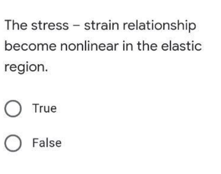 The stress - strain relationship
become nonlinear in the elastic
region.
O True
False
