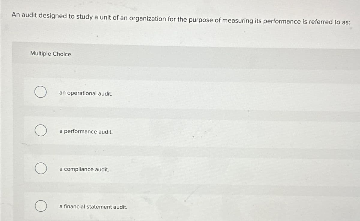 An audit designed to study a unit of an organization for the purpose of measuring its performance is referred to as:
Multiple Choice
an operational audit.
a performance audit.
a compliance audit.
a financial statement audit.