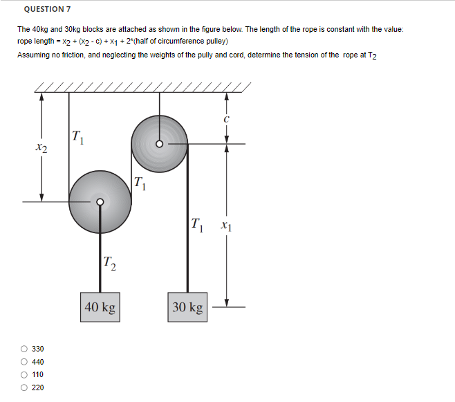 QUESTION 7
The 40kg and 30kg blocks are attached as shown in the figure below. The length of the rope is constant with the value:
rope length = x2 + (x2 - c) + x₁ + 2* (half of circumference pulley)
Assuming no friction, and neglecting the weights of the pully and cord, determine the tension of the rope at T2
0000
x2
330
440
110
220
T₁
////
T₂
40 kg
T₁
///
T₁
30 kg
C
X1