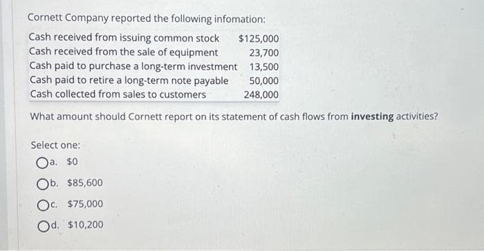 Cornett Company reported the following infomation:
Cash received from issuing common stock $125,000
Cash received from the sale of equipment
Cash paid to purchase a long-term investment
Cash paid to retire a long-term note payable
Cash collected from sales to customers
What amount should Cornett report on its statement of cash flows from investing activities?
Select one:
Oa. $0
Ob. $85,600
Oc. $75,000
Od. $10,200
23,700
13,500
50,000
248,000