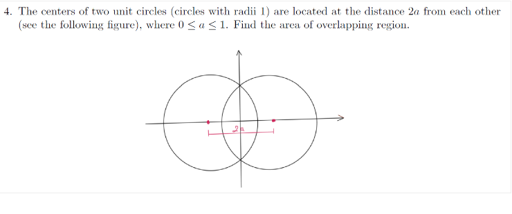 4. The centers of two unit circles (circles with radii 1) are located at the distance 2a from each other
(see the following figure), where 0 ≤a ≤ 1. Find the area of overlapping region.
Ø
2p