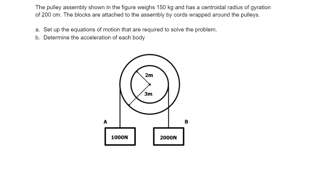 The pulley assembly shown in the figure weighs 150 kg and has a centroidal radius of gyration
of 200 cm. The blocks are attached to the assembly by cords wrapped around the pulleys.
a. Set up the equations of motion that are required to solve the problem.
b. Determine the acceleration of each body
2m
3m
A
1000N
2000N
