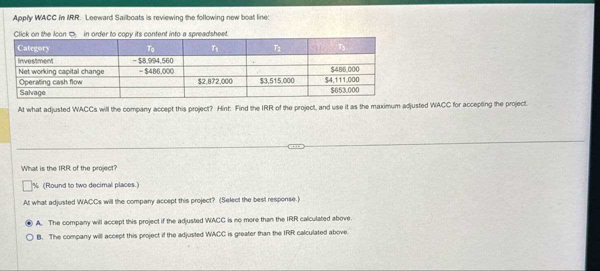 Apply WACC in IRR. Leeward Sailboats is reviewing the following new boat line:
Click on the Icon in order to copy its content into a spreadsheet.
Category
To
T₁
Investment
- $8,994,560
Net working capital change
- $486,000
Operating cash flow
$2,872,000
Salvage
T2
T3
$486,000
$3,515,000
$4,111,000
$653,000
At what adjusted WACCS will the company accept this project? Hint: Find the IRR of the project, and use it as the maximum adjusted WACC for accepting the project.
What is the IRR of the project?
% (Round to two decimal places.)
At what adjusted WACCS will the company accept this project? (Select the best response.)
A. The company will accept this project if the adjusted WACC is no more than the IRR calculated above.
OB. The company will accept this project if the adjusted WACC is greater than the IRR calculated above.