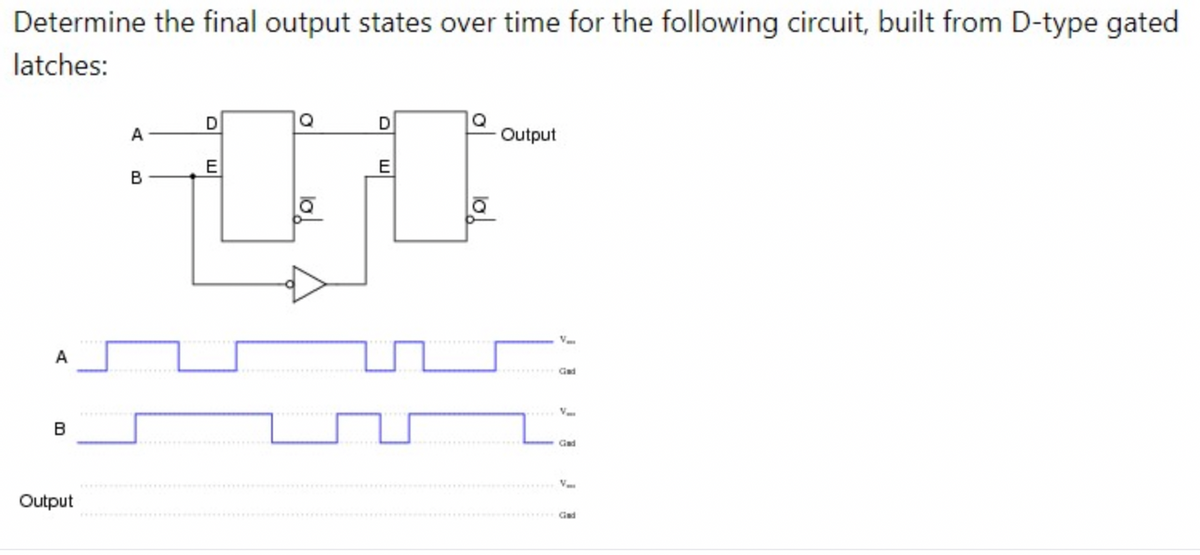 Determine the final output states over time for the following circuit, built from D-type gated
latches:
D
Q
A
Output
E
E
B
A
Gad
B
Gad
Output
Gad
