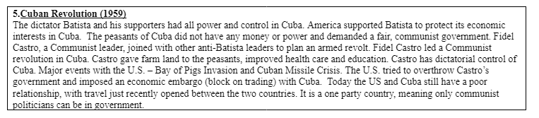 5.Cuban Revolution (1959)
The dictator Batista and his supporters had all power and control in Cuba. America supported Batista to protect its economic
interests in Cuba. The peasants of Cuba did not have any money or power and demanded a fair, communist government. Fidel
Castro, a Communist leader, joined with other anti-Batista leaders to plan an armed revolt. Fidel Castro led a Communist
revolution in Cuba. Castro gave farm land to the peasants, improved health care and education. Castro has dictatorial control of
Cuba. Major events with the U.S. - Bay of Pigs Invasion and Cuban Missile Crisis. The U.S. tried to overthrow Castro's
government and imposed an economic embargo (block on trading) with Cuba. Today the US and Cuba still have a poor
relationship, with travel just recently opened between the two countries. It is a one party country, meaning only communist
politicians can be in government.