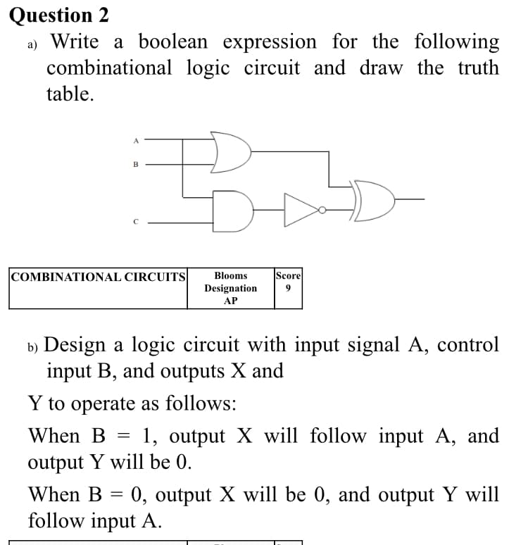 Question 2
Write a boolean expression for the following
combinational logic circuit and draw the truth
table.
A
B.
COMBINATIONAL CIRCUITS
Score
Blooms
Designation
АР
b) Design a logic circuit with input signal A, control
input B, and outputs X and
Y to operate as follows:
When B
1, output X will follow input A, and
output Y will be 0.
When B = 0, output X will be 0, and output Y will
follow input A.
