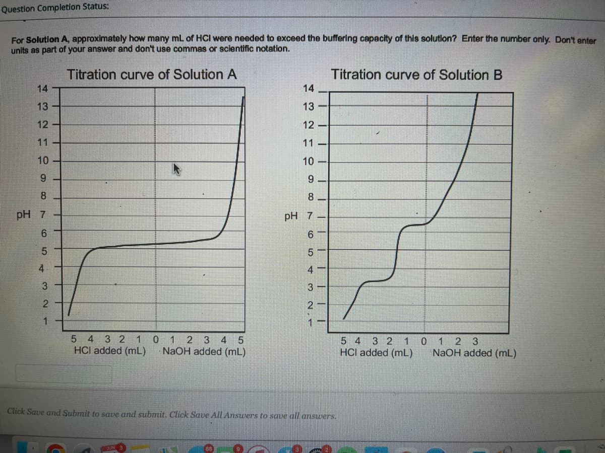 Question Completion Status:
For Solution A, approximately how many mL of HCI were needed to exceed the buffering capacity of this solution? Enter the number only. Don't enter
units as part of your answer and don't use commas or scientific notation.
Titration curve of Solution A
14
13
12
11-
10
9
8
pH 7
6
5
4
3
2
1
5 4 3 2 1
HCI added (mL)
0 1 2 3 4 5
NaOH added (mL)
14
13
12-
11
10
9
8
pH 7
6.8
2
65
4
3
2
1
Titration curve of Solution B
Click Save and Submit to save and submit. Click Save All Answers to save all answers.
54 32 1
HCI added (mL)
0123
NaOH added (mL)