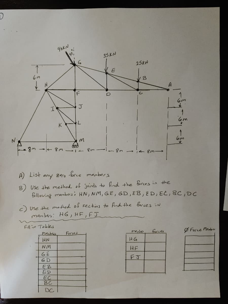 N
↑
6m
H
I
40KN
Fill in Tables
members
HN
NM
GE
GD
K
EB
ED
EC
BC
40,
DC
F
J
L
m
8m 8m 128m 18m
35KN
1
Forces
E
25KN
√ B
c) Use the method of sections to find the forces in
members HG, HF, FJ
c
i 48m-
A) List
force members
zero
any
B) Use the method of joints to find the forces in the
following members: HN, NM, GE, GD, EB, ED, EC, BC, DC
mendo
HG
HE
FJ
A
forces
6m
*
6m
✓
6m
✓
Force Member