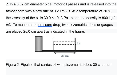 2. In a 0.32 cm diameter pipe, motor oil passes and is released into the
atmosphere with a flow rate of 0.20 ml / s. At a temperature of 20 °C,
the viscosity of the oil is 30.0 x 10-3 Pa -s and the density is 800 kg /
m3. To measure the pressure drop, two piezometric tubes or gauges
are placed 25.0 cm apart as indicated in the figure.
Ah
25 cm
Figure 2. Pipeline that carries oil with piezometric tubes 30 cm apart
