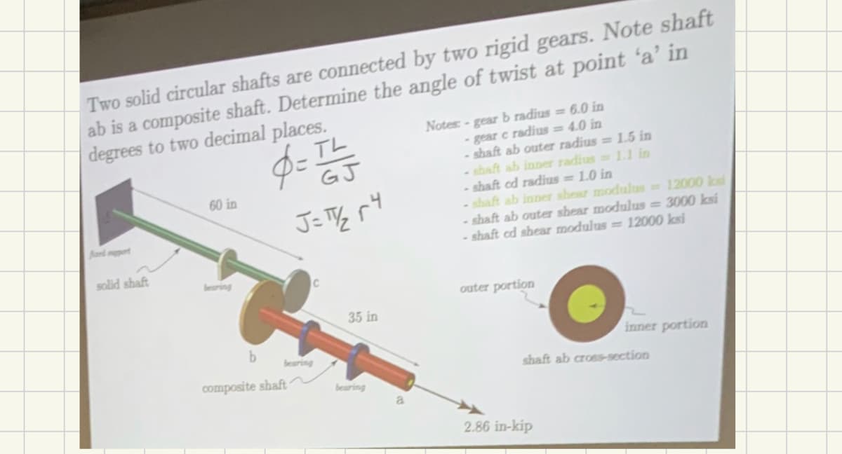 Two solid circular shafts are connected by two rigid gears. Note shaft
ab is a composite shaft. Determine the angle of twist at point 'a' in
degrees to two decimal places.
solid shaft
60 in
$= 11/1535
TL
GJ
J=TY/2r4
b
composite shaft
C
35 in
bearing
Notes:- gear b radius = 6.0 in
- gear c radius = 4.0 in
- shaft ab outer radius= 1.5 in
- shaft ab inner radius= 1.1 in
- shaft cd radius= 1.0 in
- shaft ab inner shear modulus = 12000 ki
- shaft ab outer shear modulus = 3000 ksi
- shaft cd shear modulus = 12000 ksi
outer portion
inner portion
shaft ab cross-section
2.86 in-kip