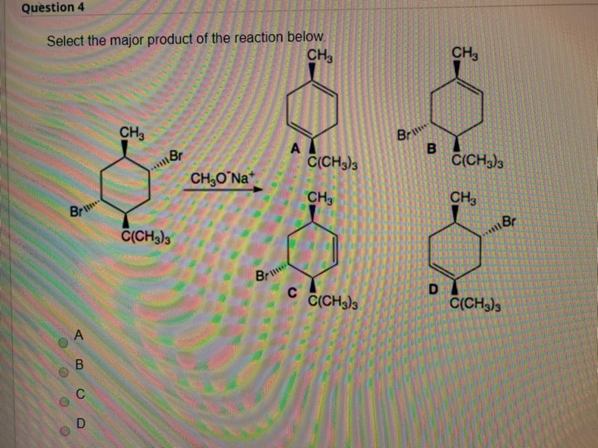 Question 4
Select the major product of the reaction below.
CH3
CH3
CH3
Br.
C(CH3)3
CH,O Na*
C(CH3)3
Br
CH3
CCH3)3
CH3
Br
****
Bru
C(CHg)3
C(CH3)3
