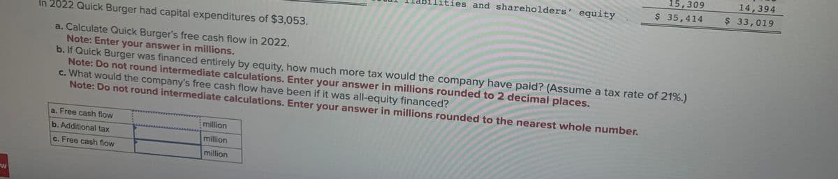 W
In 2022 Quick Burger had capital expenditures of $3,053.
a. Calculate Quick Burger's free cash flow in 2022.
Note: Enter your answer in millions.
b. If Quick Burger was financed entirely by equity, how much more tax would the company have paid? (Assume a tax rate of 21%.)
Note: Do not round intermediate calculations. Enter your answer in millions rounded to 2 decimal places.
c. What would the company's free cash flow have been if it was all-equity financed?
Note: Do not round intermediate calculations. Enter your answer in millions rounded to the nearest whole number.
a. Free cash flow
b. Additional tax
c. Free cash flow
million
million
million
ities and shareholders' equity
15,309
$ 35,414
14,394
$ 33,019