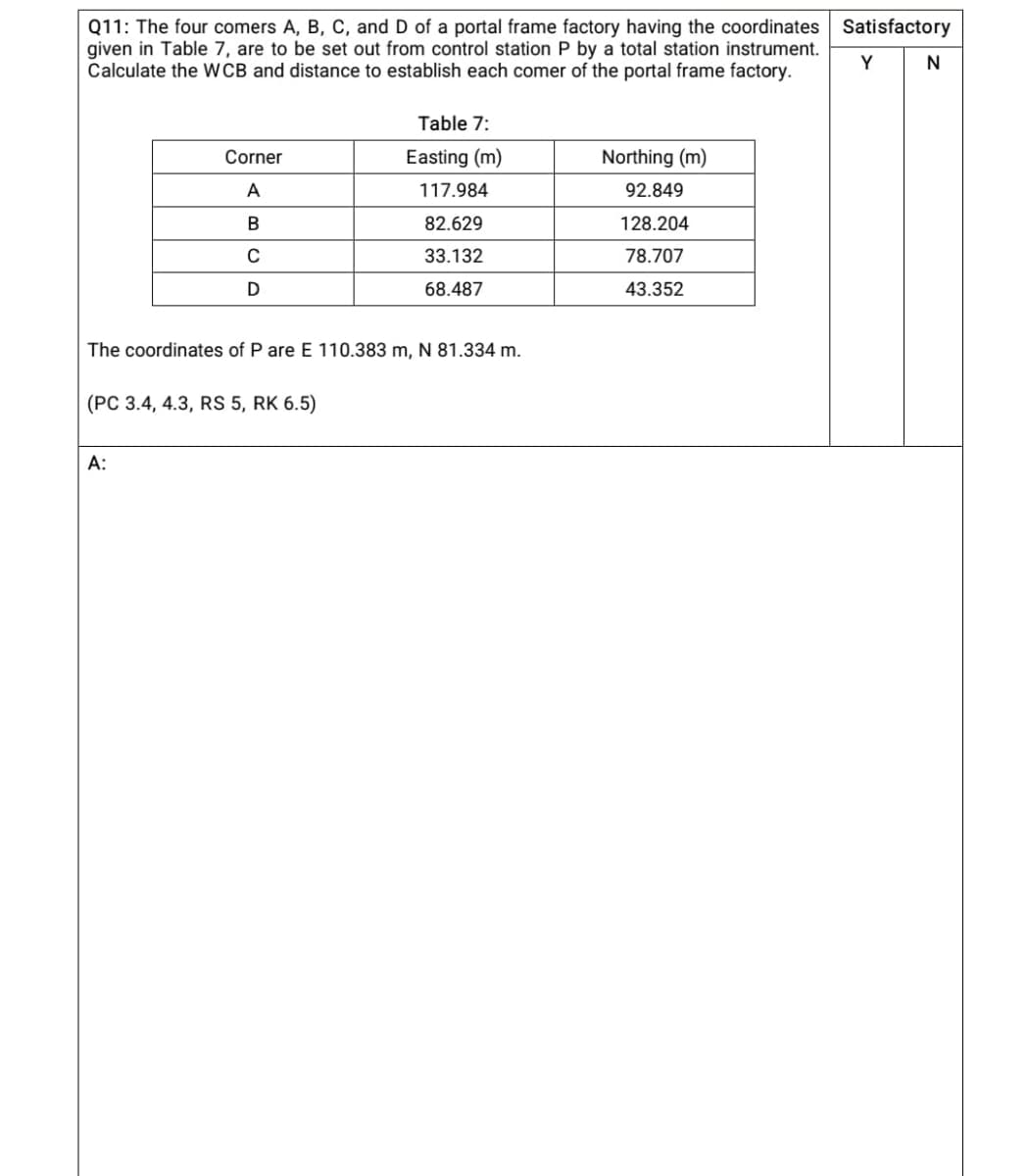 Q11: The four comers A, B, C, and D of a portal frame factory having the coordinates Satisfactory
given in Table 7, are to be set out from control station P by a total station instrument.
Calculate the WCB and distance to establish each comer of the portal frame factory.
Y
N
Table 7:
Corner
Easting (m)
Northing (m)
A
117.984
92.849
82.629
128.204
33.132
78.707
68.487
43.352
The coordinates of P are E 110.383 m, N 81.334 m.
(PC 3.4, 4.3, RS 5, RK 6.5)
A:
