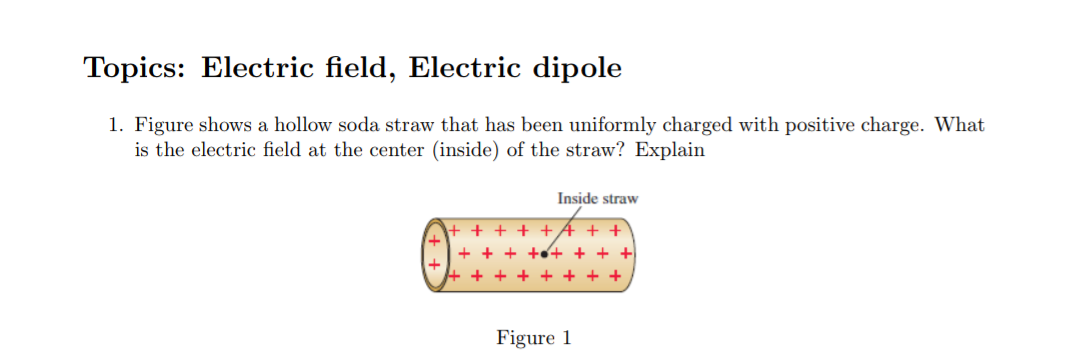 Topics: Electric field, Electric dipole
1. Figure shows a hollow soda straw that has been uniformly charged with positive charge. What
is the electric field at the center (inside) of the straw? Explain
Inside straw
+ + + + +A + +
+ + + ++ + + +
+ + + + + + + +
Figure 1
