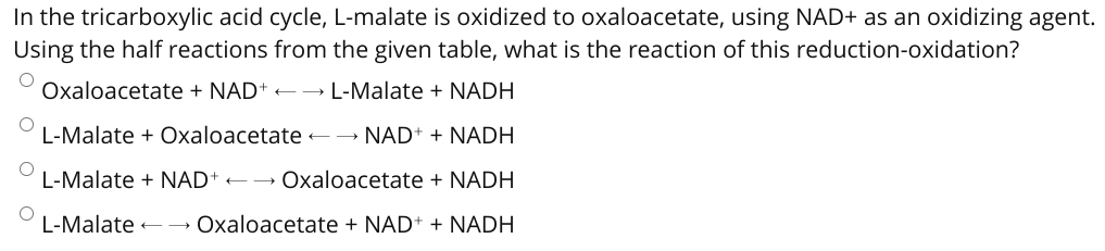 In the tricarboxylic acid cycle, L-malate is oxidized to oxaloacetate, using NAD+ as an oxidizing agent.
Using the half reactions from the given table, what is the reaction of this reduction-oxidation?
Oxaloacetate + NAD+ +→ L-Malate + NADH
L-Malate + Oxaloacetate -→ NAD+ + NADH
L-Malate + NAD+ +→ Oxaloacetate + NADH
L-Malate -→ Oxaloacetate + NAD+ + NADH
