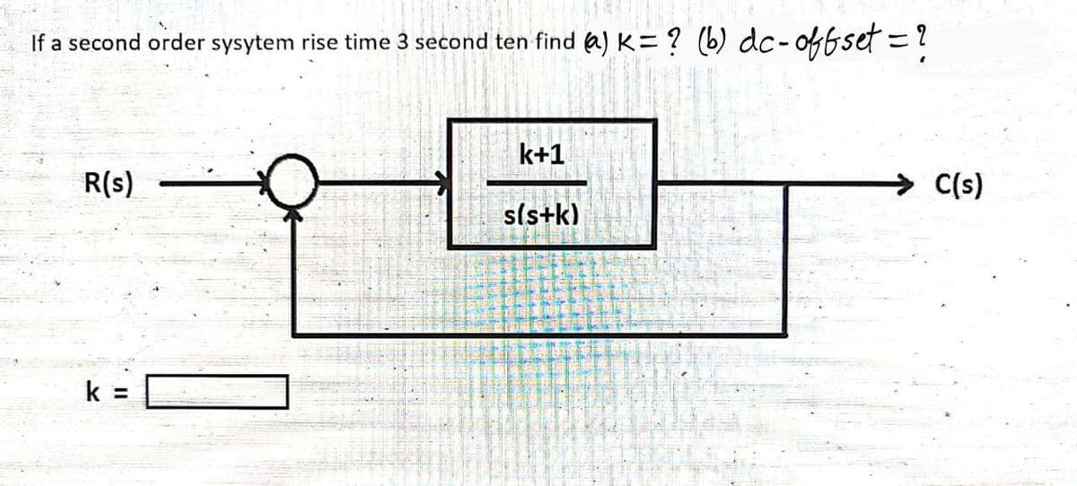 If a second order sysytem rise time 3 second ten find a) K= ? (6) dc- of6set =?
k+1
R(s)
C(s)
sls+k)
k =
