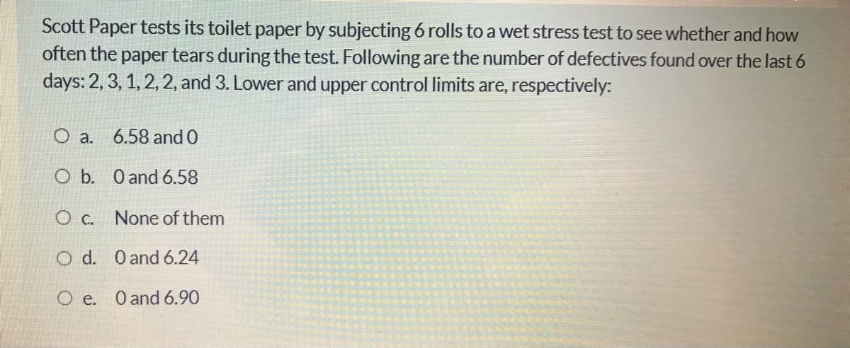Scott Paper tests its toilet paper by subjecting 6 rolls to a wet stress test to see whether and how
often the paper tears during the test. Following are the number of defectives found over the last 6
days: 2, 3, 1, 2, 2, and 3. Lower and upper control limits are, respectively:
O a.
6.58 and 0
O b. O and 6.58
None of them
O d. O and 6.24
O e. O and 6.90
