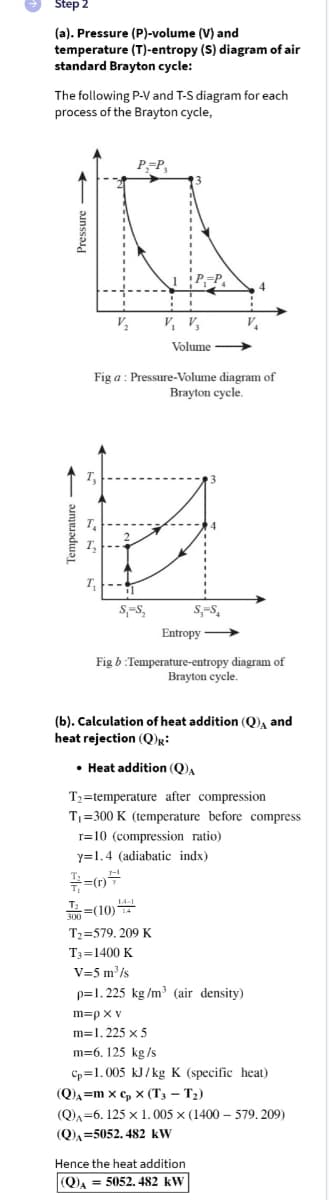 Step 2
(a). Pressure (P)-volume (V) and
temperature (T)-entropy (S) diagram of air
standard Brayton cycle:
The following P-V and T-S diagram for each
process of the Brayton cycle,
V₂
T
P-P,
S₁-S₂
Volume →→→→
Figa: Pressure-Volume diagram of
Brayton cycle.
P₁-P₁
(10)
T₂=579.209 K
T3=1400 K
V=5 m³/s
S-S
V₁
Entropy
Fig b Temperature-entropy diagram of
Brayton cycle.
4
(b). Calculation of heat addition (Q) and
heat rejection (Q)K:
• Heat addition (Q)A
T₂=temperature after compression
T₁=300 K (temperature before compress
r=10 (compression ratio)
y=1.4 (adiabatic indx)
p=1.225 kg/m³ (air density)
m=p x v
Hence the heat addition
(Q)A = 5052.482 kW
m=1.225 x 5
m=6. 125 kg/s
Cp=1.005 kJ/kg K (specific heat)
(Q)₁=mx C₂ x (T3-T₂)
(Q)₁ 6. 125 x 1.005 x (1400 - 579. 209)
(Q)₁=5052.482 kW