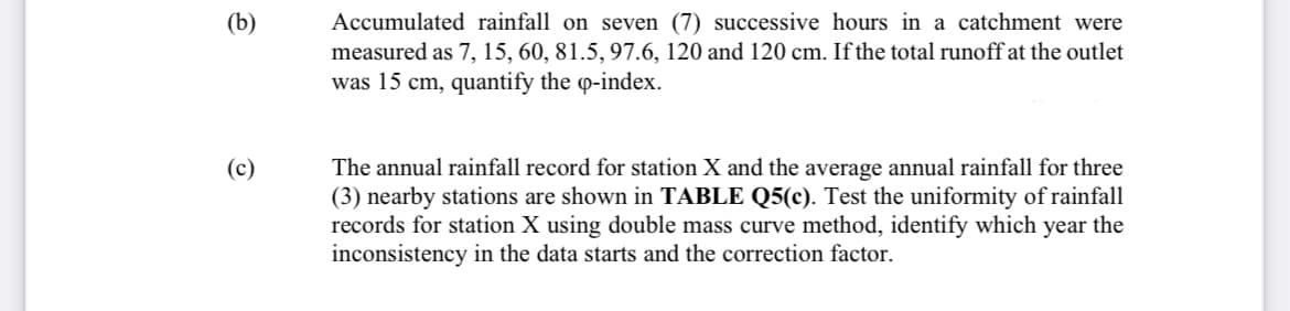 (b)
Accumulated rainfall on seven (7) successive hours in a catchment were
measured as 7, 15, 60, 81.5, 97.6, 120 and 120 cm. If the total runoff at the outlet
was 15 cm, quantify the p-index.
The annual rainfall record for station X and the average annual rainfall for three
(3) nearby stations are shown in TABLE Q5(c). Test the uniformity of rainfall
records for station X using double mass curve method, identify which year the
inconsistency in the data starts and the correction factor.
(c)
