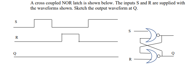 A cross coupled NOR latch is shown below. The inputs S and R are supplied with
the waveforms shown. Sketch the output waveform at Q.
S
R
R
