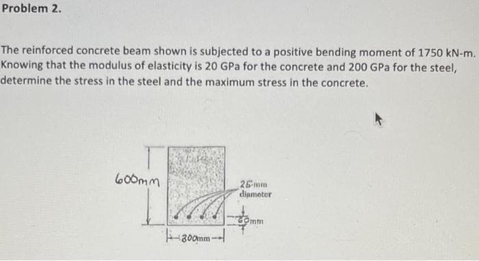 Problem 2.
The reinforced concrete beam shown is subjected to a positive bending moment of 1750 kN-m.
Knowing that the modulus of elasticity is 20 GPa for the concrete and 200 GPa for the steel,
determine the stress in the steel and the maximum stress in the concrete.
600mm
300mm-
26-mm
diameter
40mm