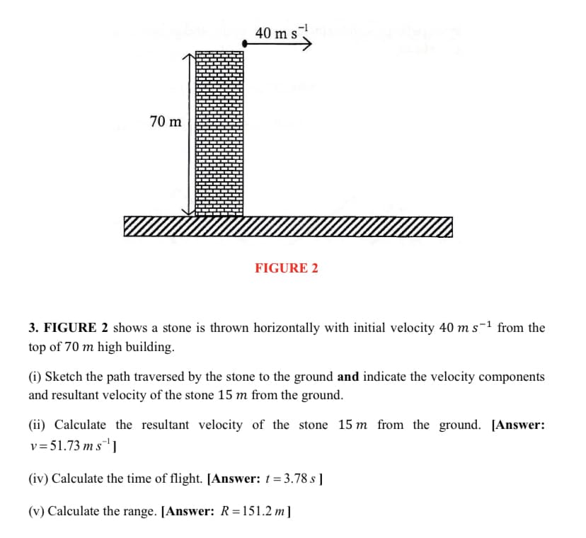 40 m s
70 m
FIGURE 2
3. FIGURE 2 shows a stone is thrown horizontally with initial velocity 40 ms-1 from the
top of 70 m high building.
(i) Sketch the path traversed by the stone to the ground and indicate the velocity components
and resultant velocity of the stone 15 m from the ground.
(ii) Calculate the resultant velocity of the stone 15 m from the ground. [Answer:
v= 51.73 m s]
(iv) Calculate the time of flight. [Answer: t = 3.78 s ]
(v) Calculate the range. [Answer: R=151.2 m]
