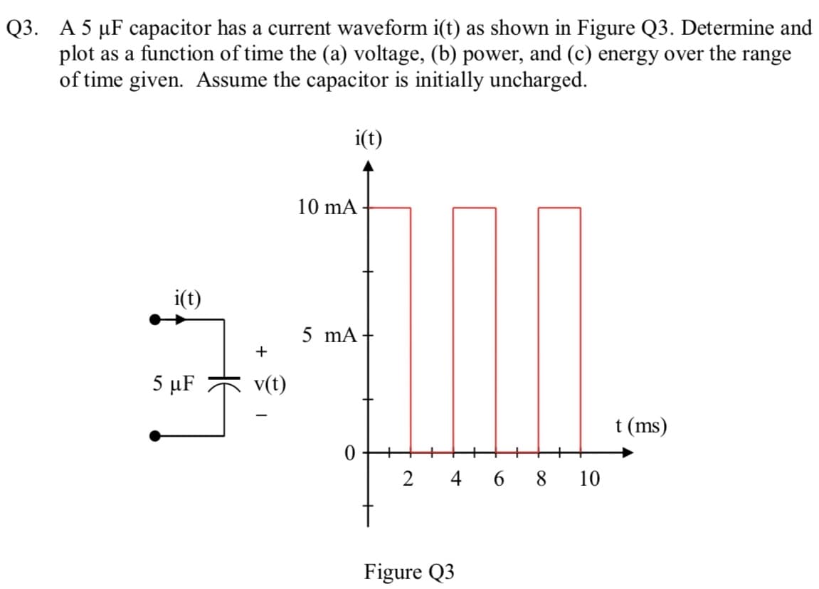 Q3. A 5 µF capacitor has a current waveform i(t) as shown in Figure Q3. Determine and
plot as a function of time the (a) voltage, (b) power, and (c) energy over the range
of time given. Assume the capacitor is initially uncharged.
i(t)
10 mA
i(t)
5 mA+
+
5 μF
v(t)
t (ms)
2
6.
8.
10
Figure Q3
4+
