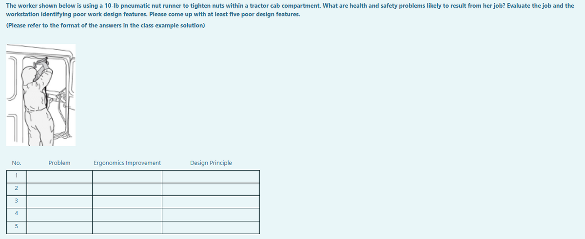 The worker shown below is using a 10-lb pneumatic nut runner to tighten nuts within a tractor cab compartment. What are health and safety problems likely to result from her job? Evaluate the job and the
workstation identifying poor work design features. Please come up with at least five poor design features.
(Please refer to the format of the answers in the class example solution)
No.
1
2
3
4
園
5
Problem
Ergonomics Improvement
Design Principle