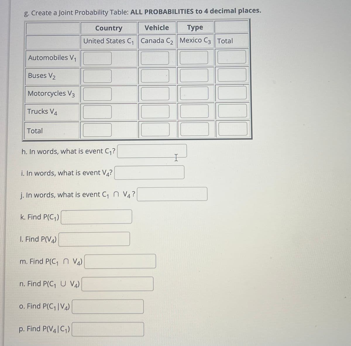 g. Create a Joint Probability Table: ALL PROBABILITIES to 4 decimal places.
Vehicle Type
Automobiles V₁
Buses V₂
Motorcycles V3
Trucks V4
Total
h. In words, what is event C₁₂?
i. In words, what is event V4?
j. In words, what is event C₁ n V4?
k. Find P(C₁)
I. Find P(V4)
m. Find P(C₁n V4)
Country
United States C₁ Canada C₂
n. Find P(C₁ U V4)
o. Find P(C₁ |V4)
p. Find P(V4|C₁)
I
Mexico C3 Total
