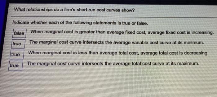 What relationships do a firm's short-run cost curves show?
Indicate whether each of the following statements is true or false.
false
When marginal cost is greater than average fixed cost, average fixed cost is increasing.
The marginal cost curve intersects the average variable cost curve at its minimum.
When marginal cost is less than average total cost, average total cost is decreasing.
The marginal cost curve intersects the average total cost curve at its maximum.
true
true
true